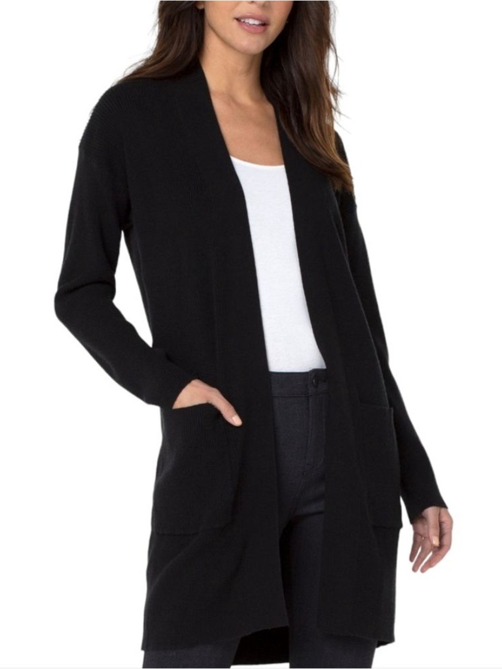 Liverpool Black Open-Front Long Ribbed Cardigan Sweater